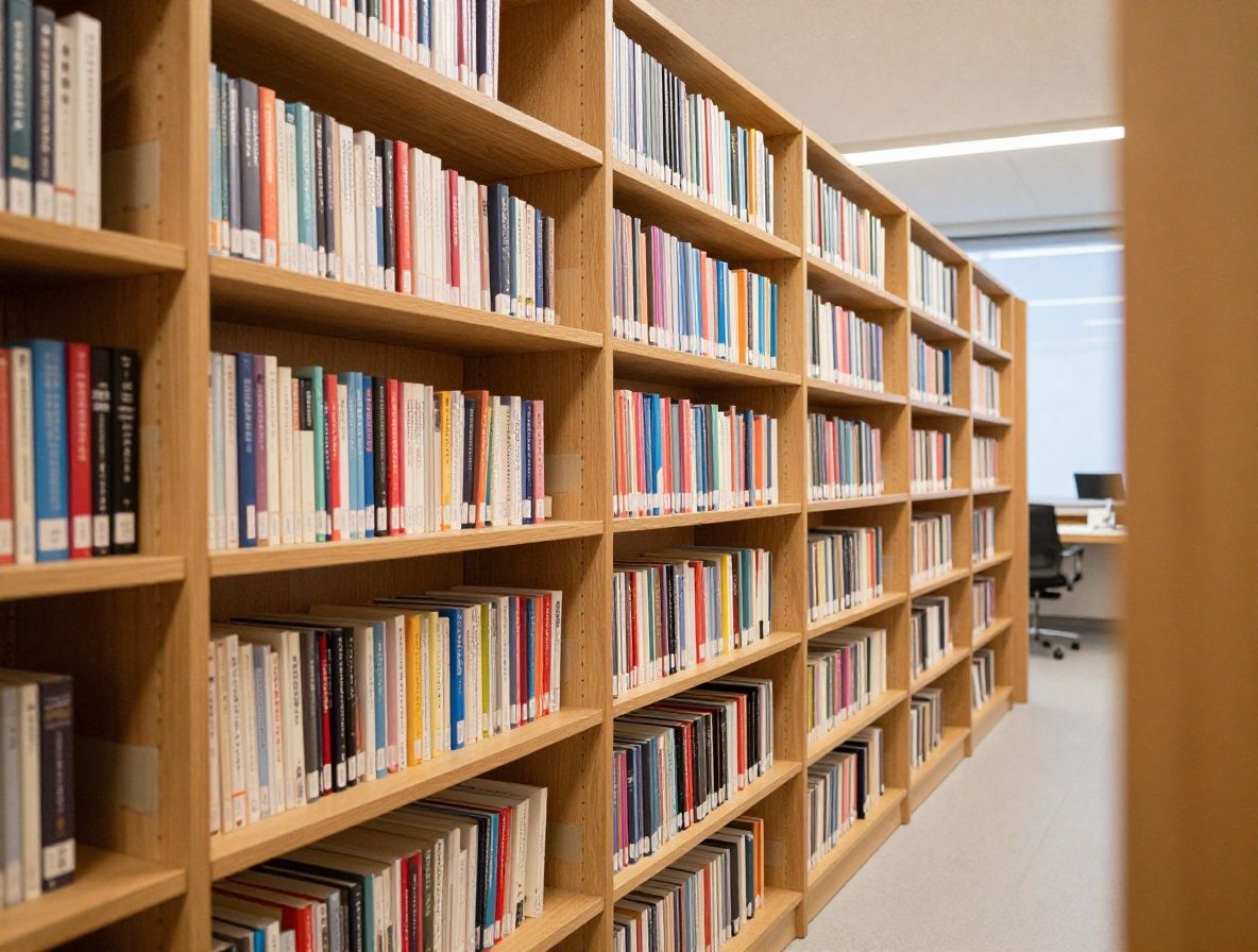 Rauhallinen kirjasto tutkimuskirjoilla, puiset hyllyt täynnä sidottuja teoksia pehmeässä lampunvalossa, yksityinen opiskelupöytä tietokirjan kanssa, akateeminen ja hiljaisuuden täyttämä tila